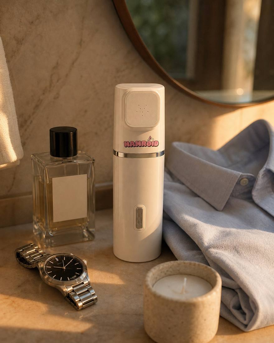 Date-night vanity with cologne, watch, folded shirt, candle, and the Hamroid portable bidet in the lineup
