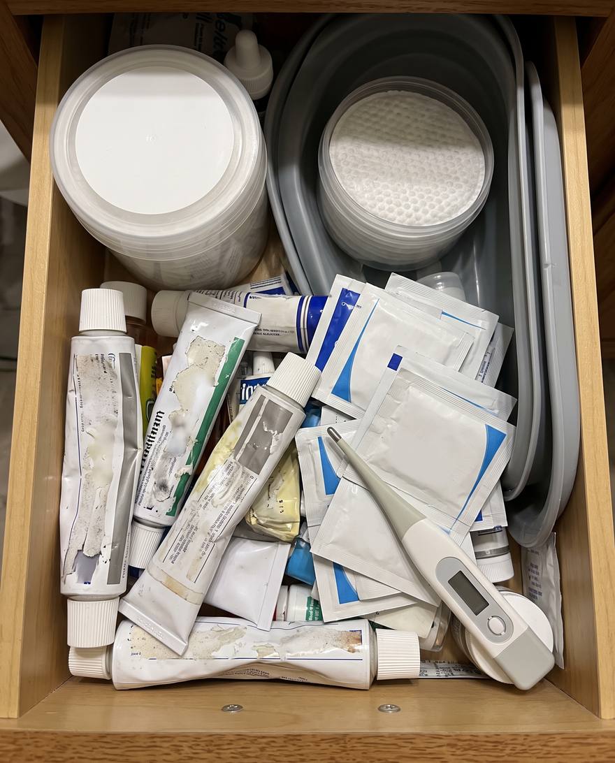 Open drawer crammed with used cream tubes and pads