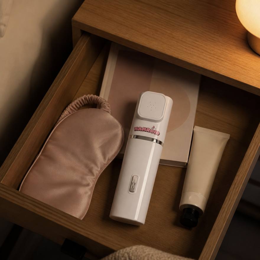 Open nightstand drawer with sleep mask, book and the Hamroid portable bidet