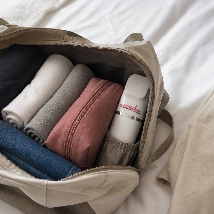Weekender bag with the Hamroid portable bidet in the side pocket