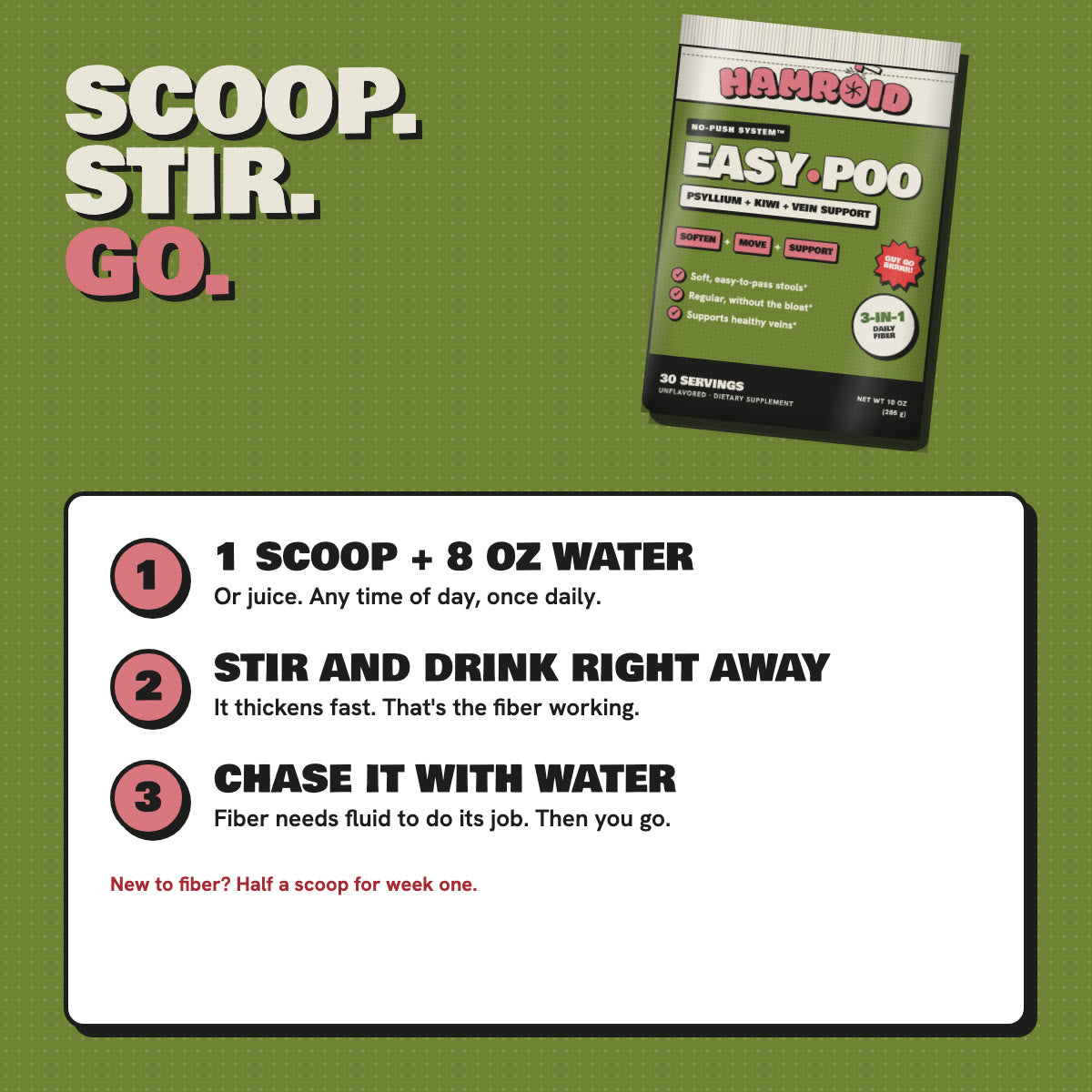 How to use: scoop, stir, go