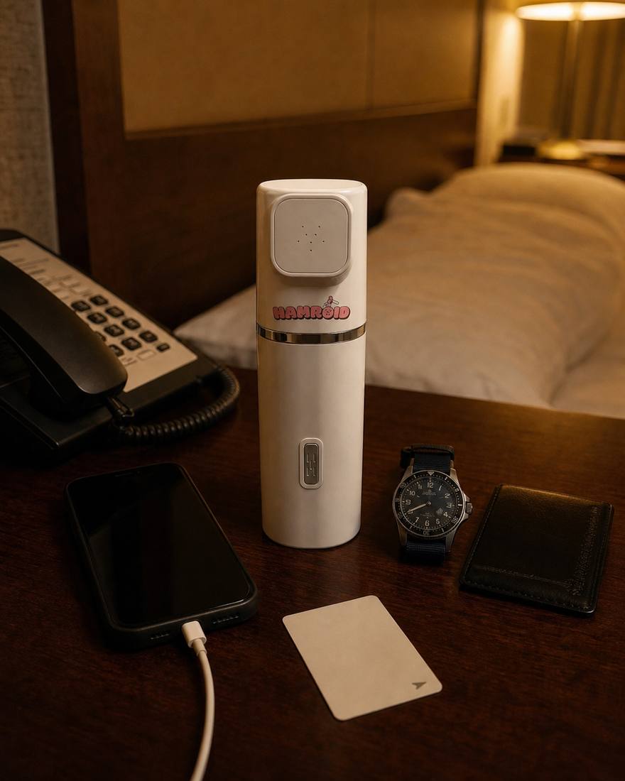 Hotel nightstand with keycard, watch, wallet and the Hamroid portable bidet standing among them