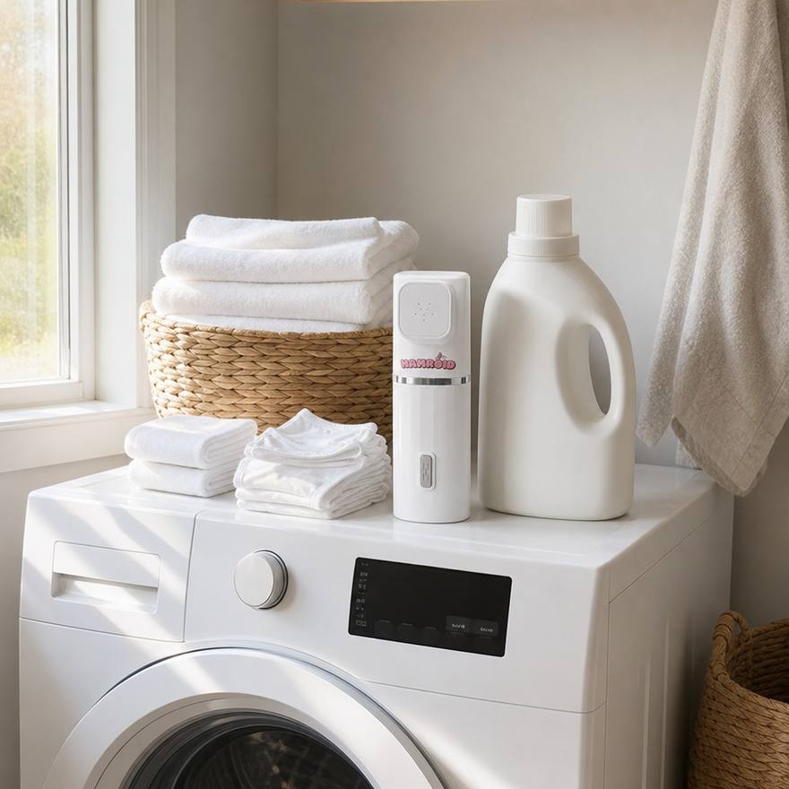 Laundry corner with a basket of clean folded whites and the Hamroid portable bidet standing on the machine