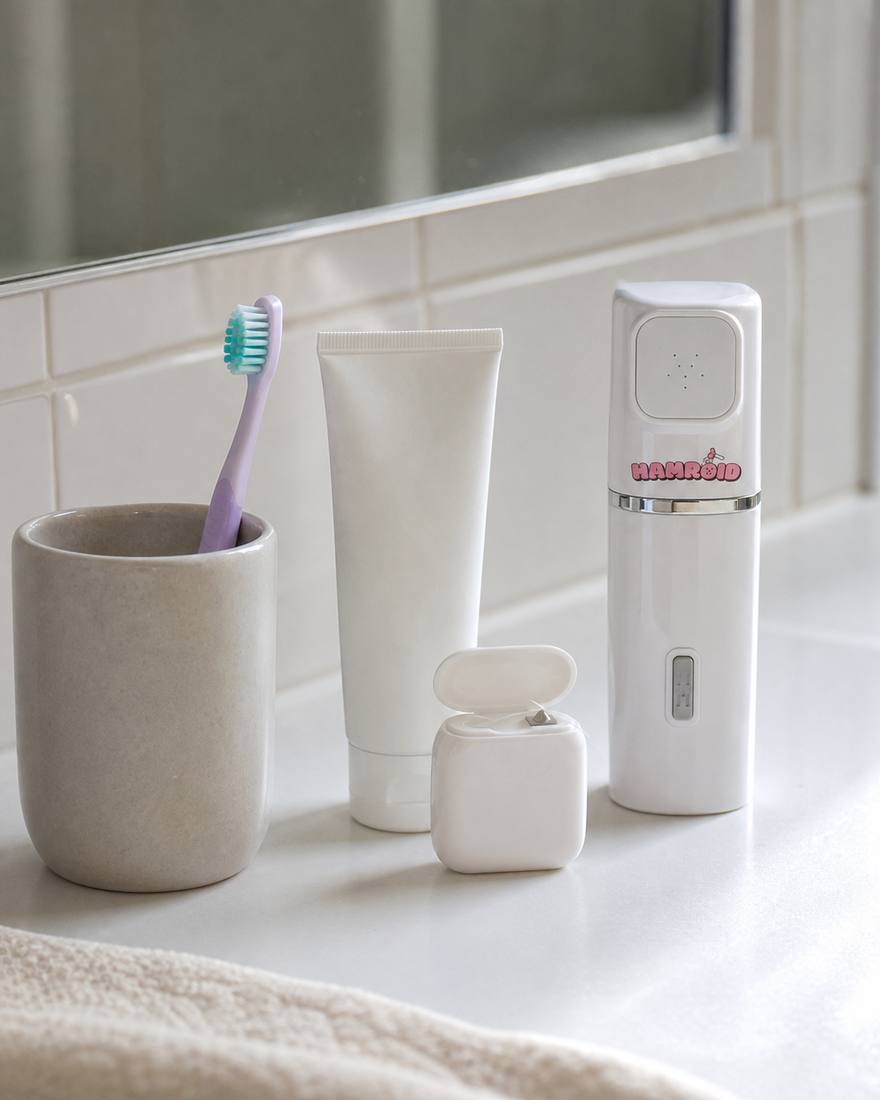 Bathroom shelf with toothbrush, toothpaste, floss, and the Hamroid portable bidet at the end of the row
