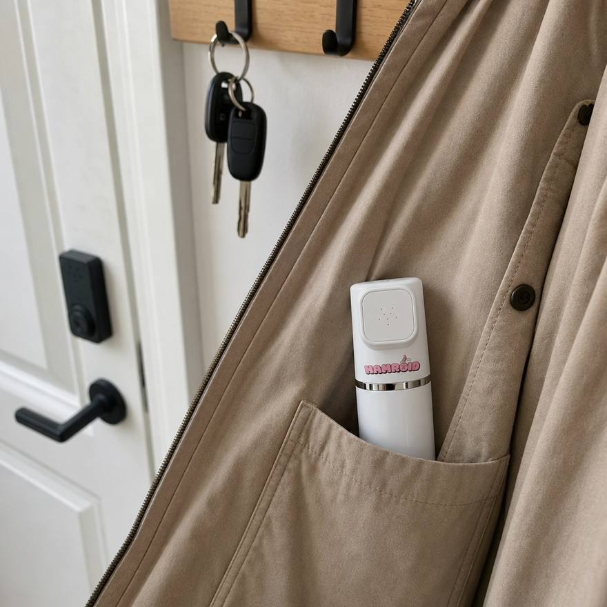 Hamroid portable bidet peeking out of a jacket pocket hanging by the front door