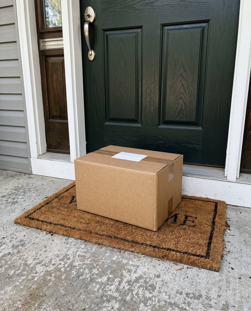 Plain unmarked delivery box on a doormat