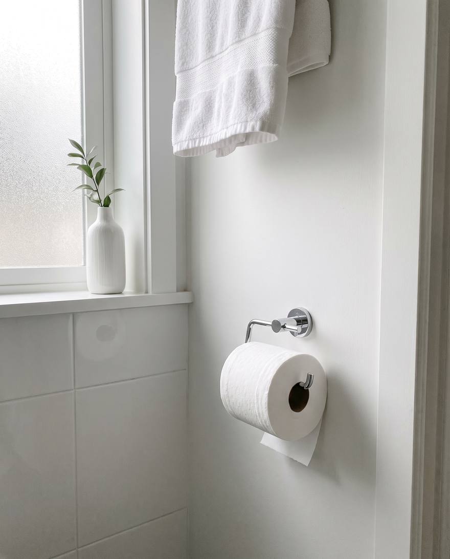 Calm sunlit white bathroom, untouched toilet paper roll