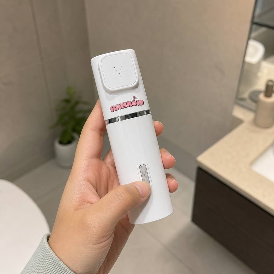 Hand holding the Hamroid portable bidet, thumb on the pressure dial