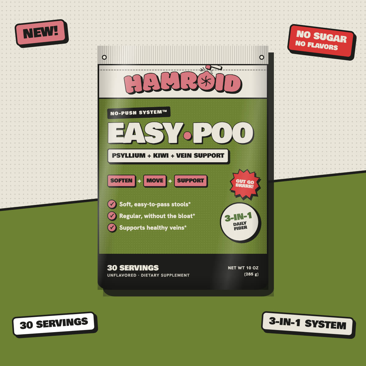 Hamroid Easy-Poo Fiber pouch, No-Push System, 30 servings
